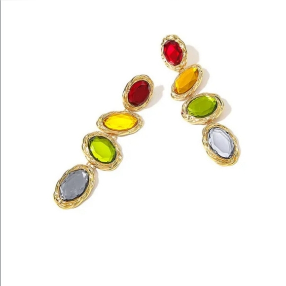 New Colorful Oval Gem Party Long-Drop Earrings - Picture 4 of 4
